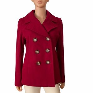 Michael Kors Red Wool Blend Double-Breasted Pea Coat Jacket